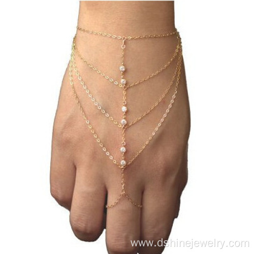 Gold Plated Rhinestone Claw Chain Bracelet Connected Rings